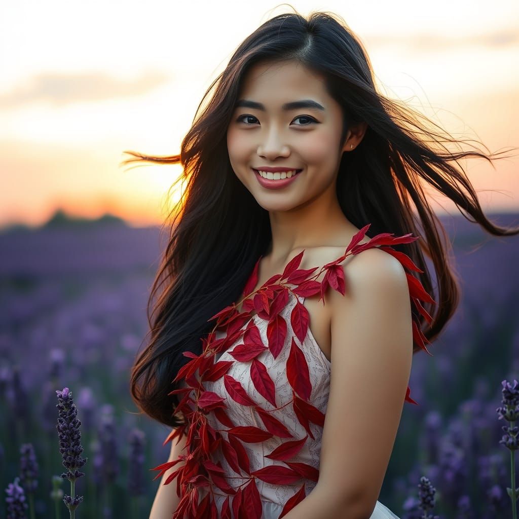 Japanese Woman in Red Leaf Dress Amidst Lavender Field