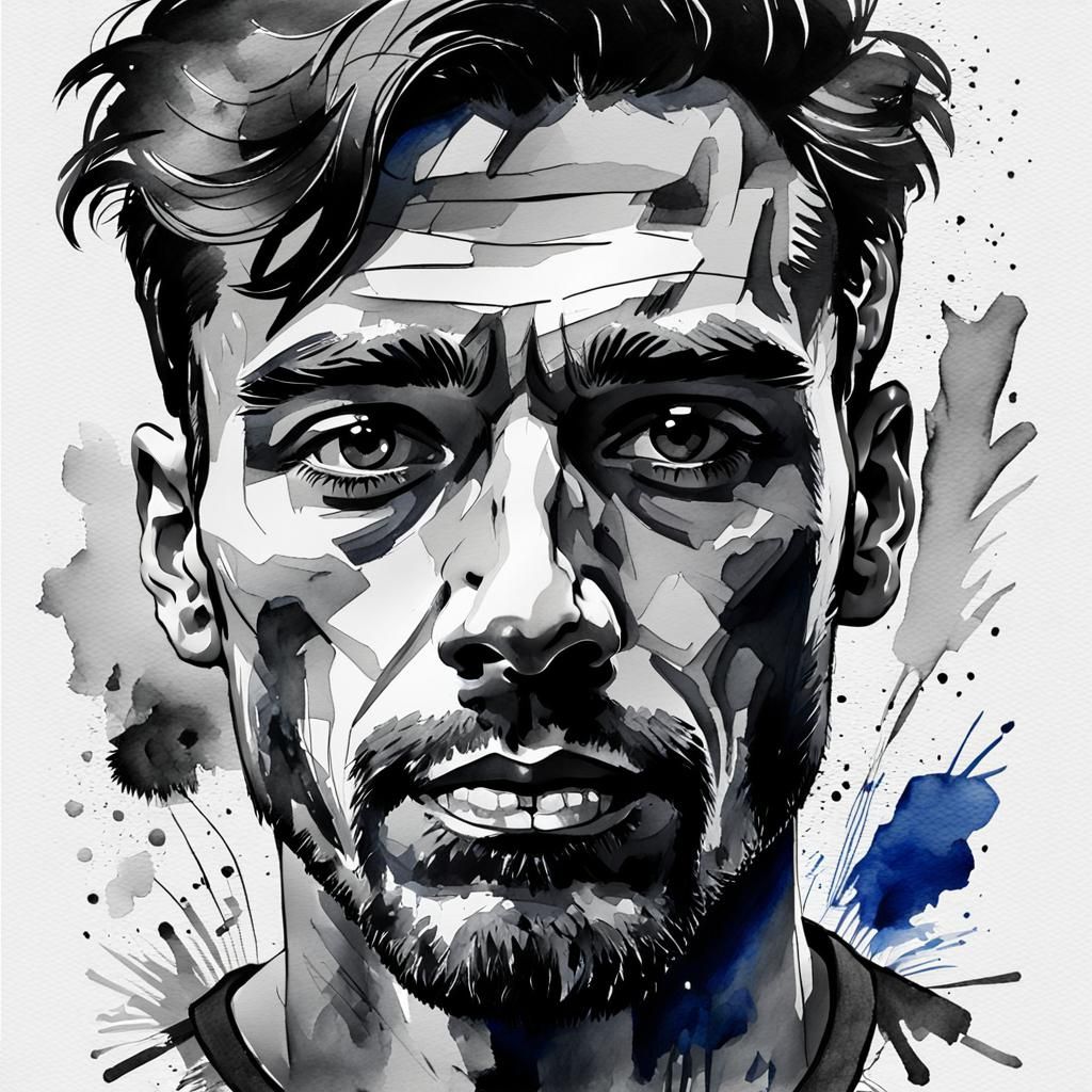 Minimalist Black and White Watercolor Portrait in Gouache St...