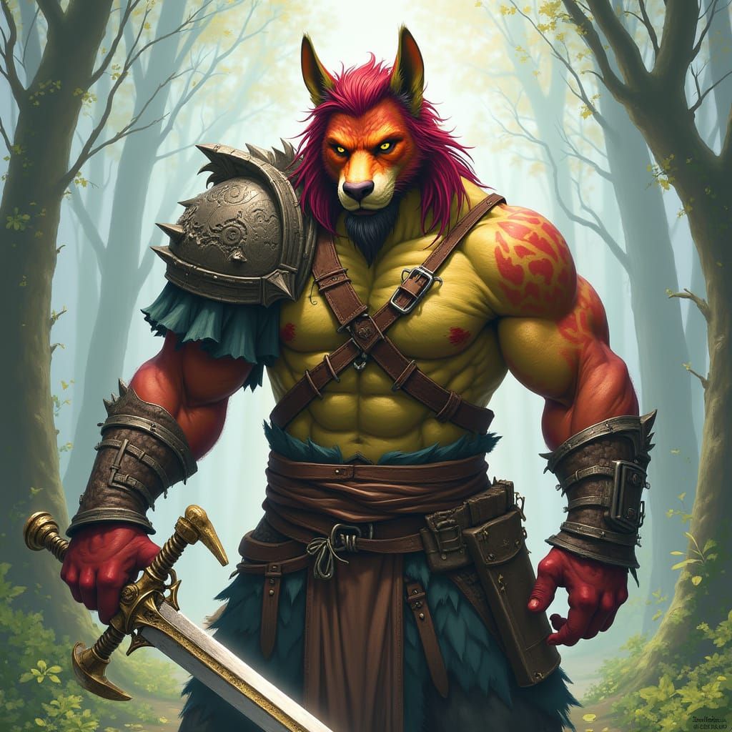 Feline Half-Orc Warrior in Fantasy Realm