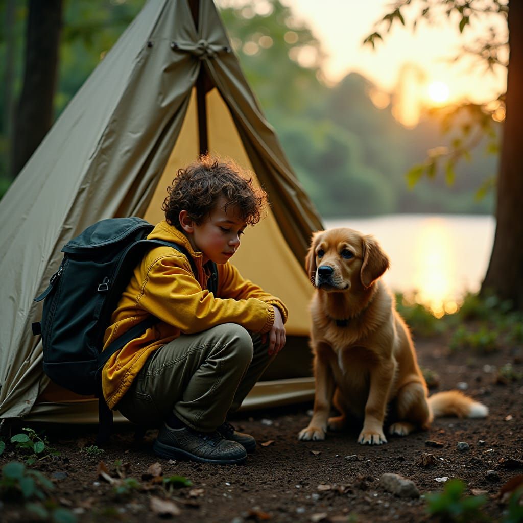 Boy Builds Tent in Jungle at Sunset: Cinematic Still