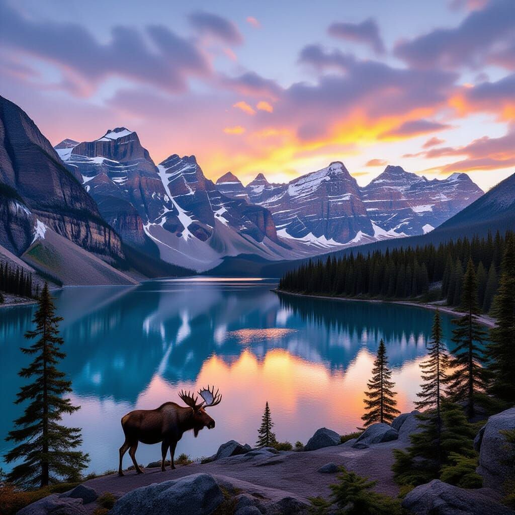 Alberta Rockies Landscape with Moose at Golden Hour