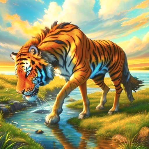 Hybrid Horse-Tiger Creature by a Brook