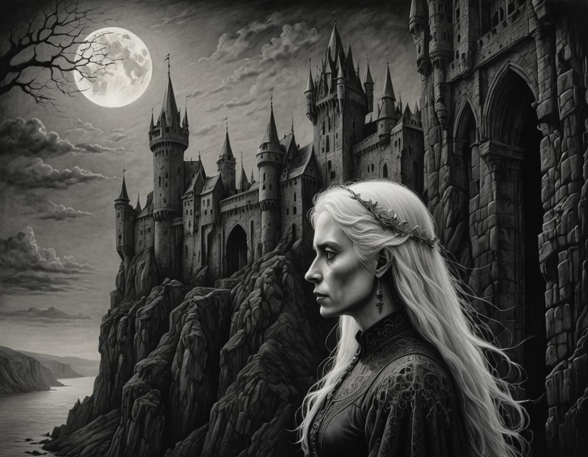 Gothic Lady at Castle, Charcoal Drawing in Beksiński Style