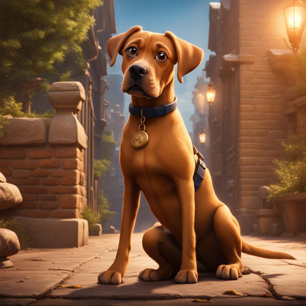 Tan Boxer Lab Mix in Disney Pixar Movie Poster