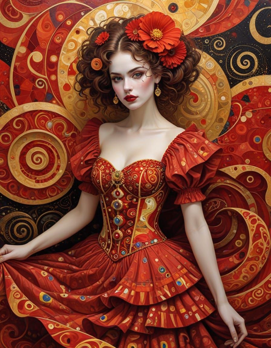 Surreal Art Nouveau Painting of a Red-Haired Acrobat