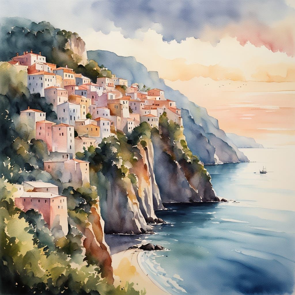 Dreamy Amalfi Coast Watercolour Masterpiece