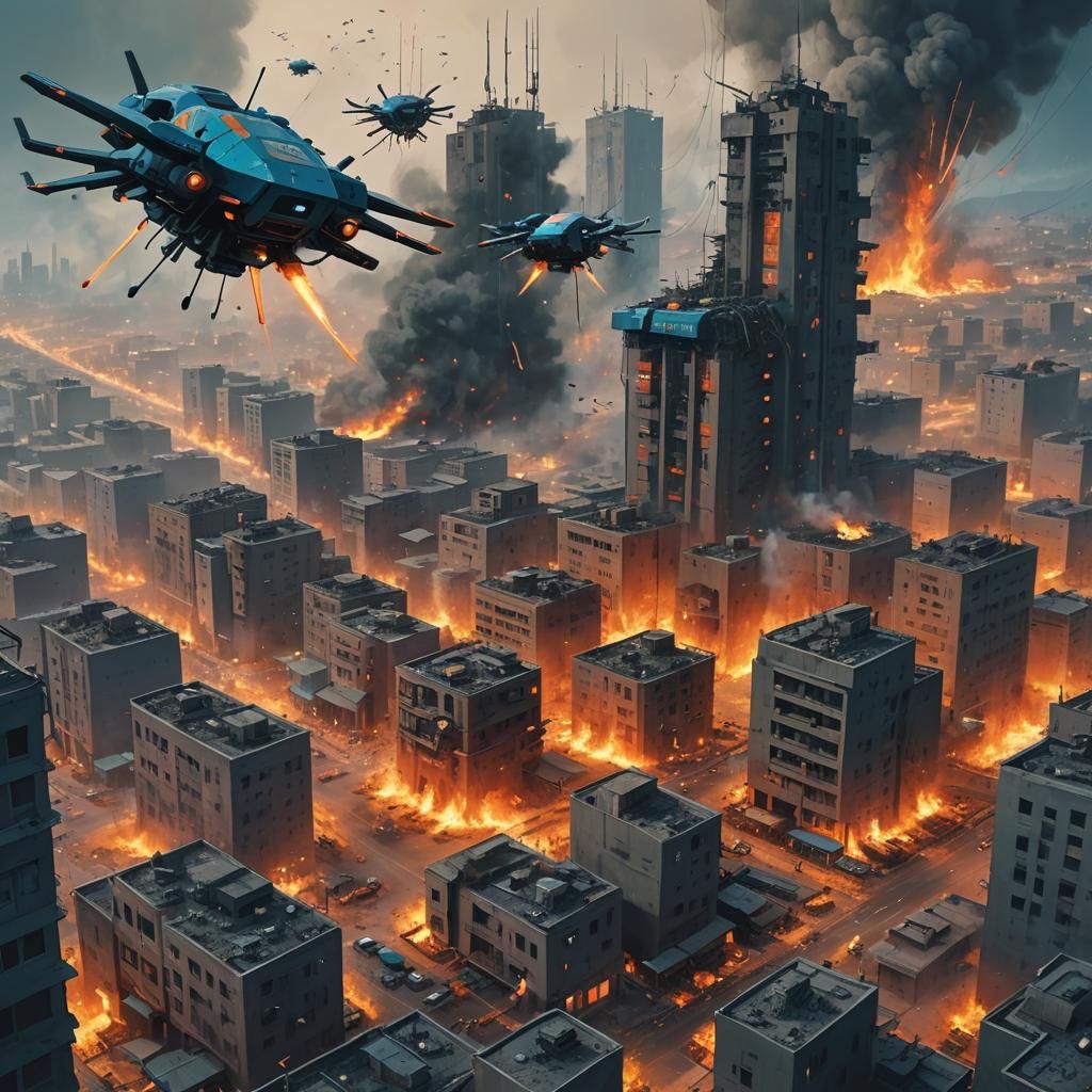 Drones Attack Iranian City in Gritty Digital Painting