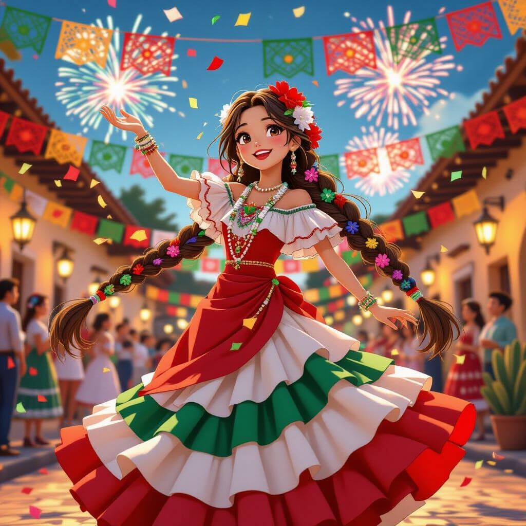 Joyful Fiesta Scene: Evelyn Silva in Vibrant 3D Anime Style