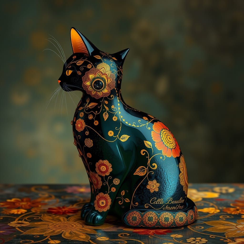 Klimt-Inspired Cat Perfume Bottle: Fantasy Concept Art