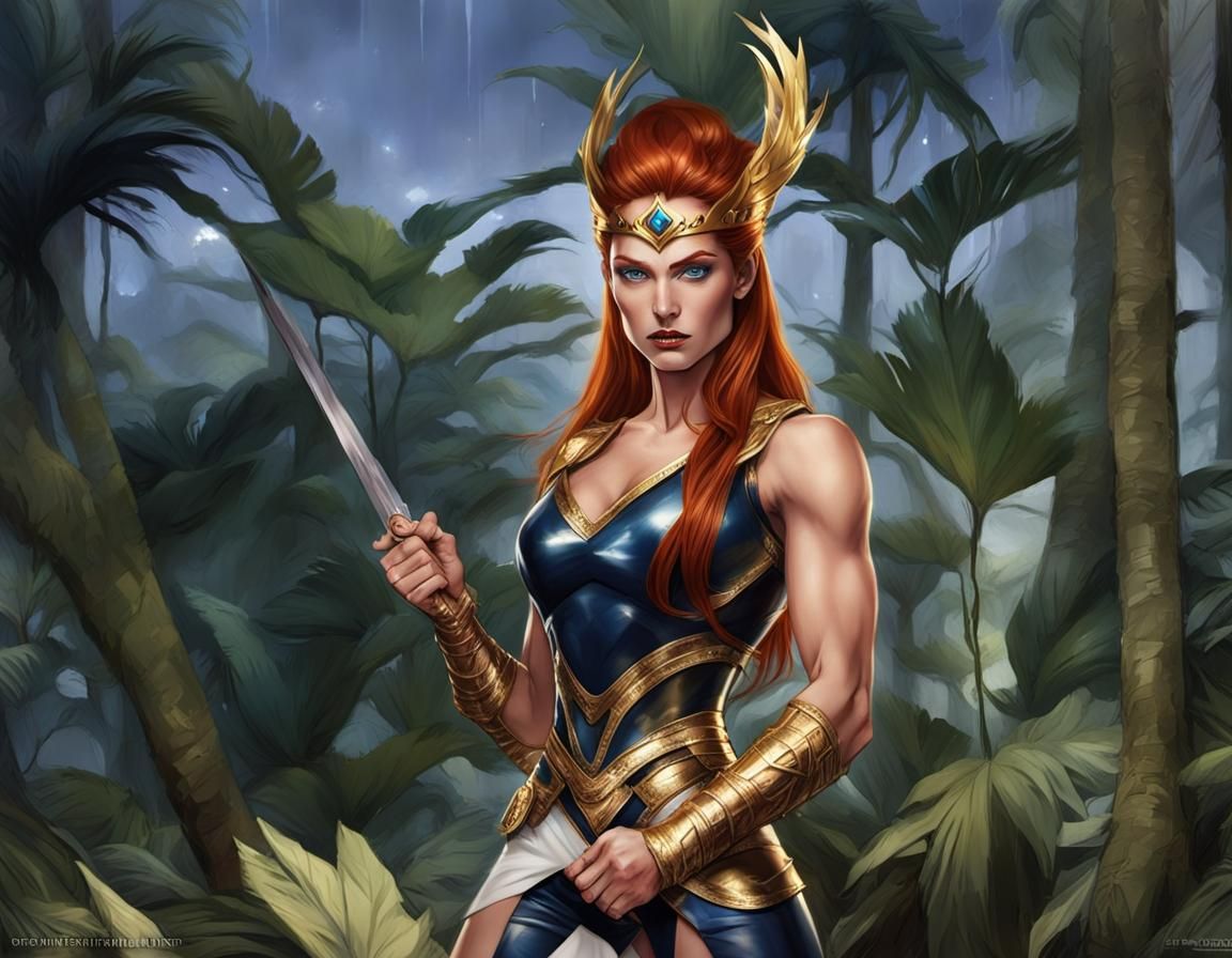 Red-Haired Warrior in Gold Armor and White Bodysuit