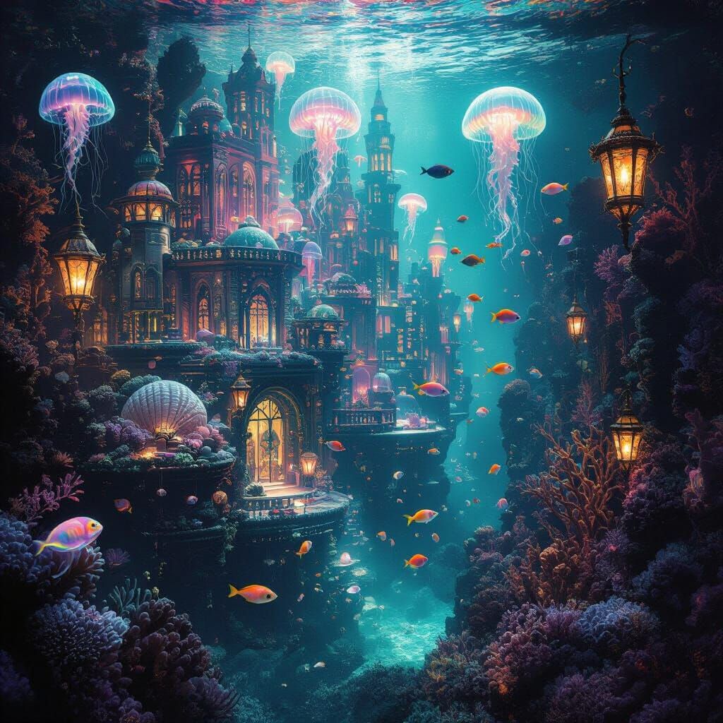 Iridescent Coral Metropolis: Bioluminescent Underwater City