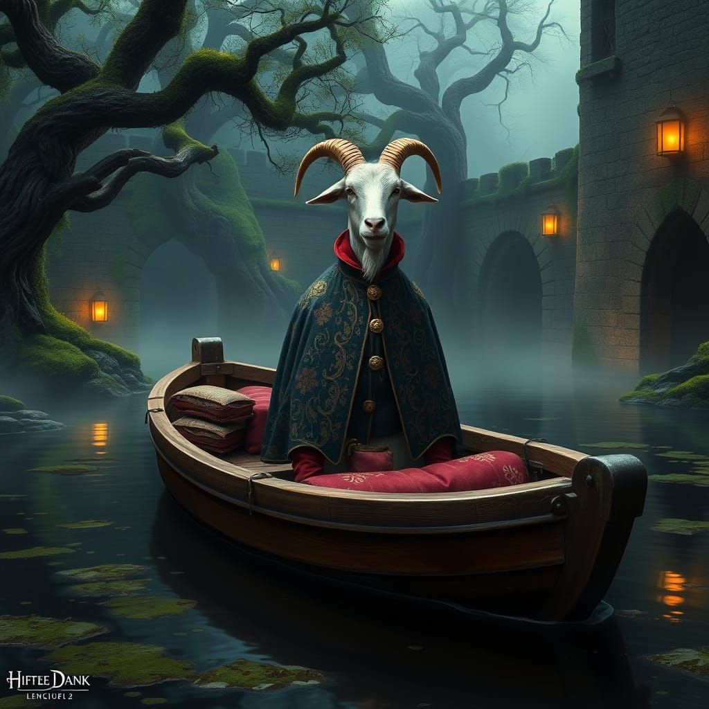 Regal Goat Afloat on Wooden Boat in Ancient, Mystical Moat L...