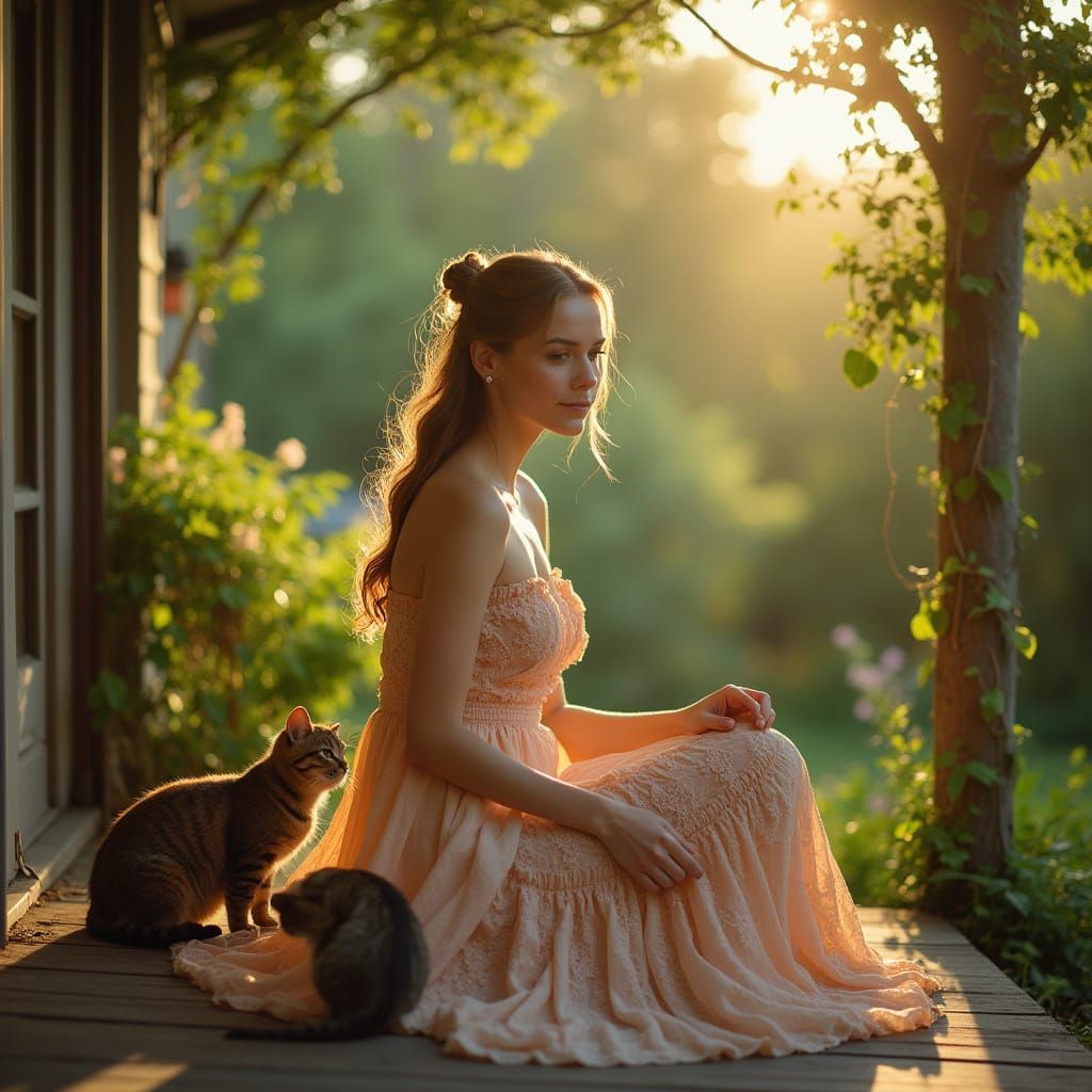 Lady with Cats in Golden Hour Sunlight