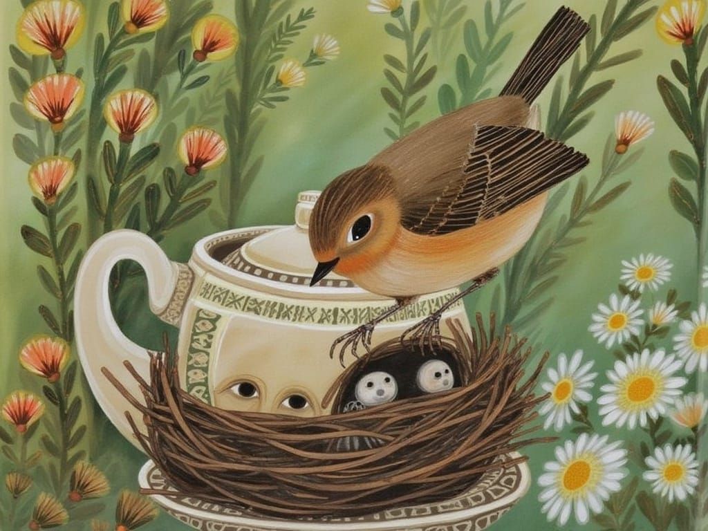Robin's Teapot Nest: Whimsical Storybook Illustration