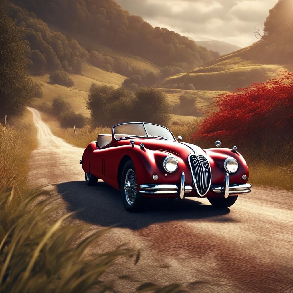 Classic 1959 Red Jaguar XK 150 on Country Road