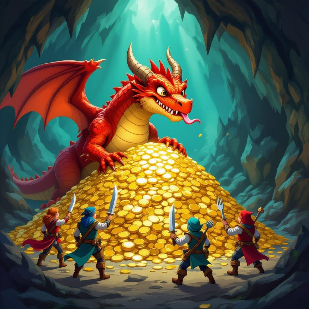 Dragon With Fork and Knife Approaches Gold Hoard