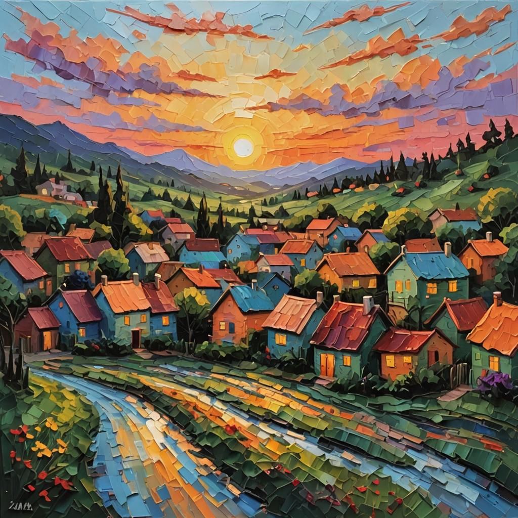 Textured Impasto Sunset Village Painting