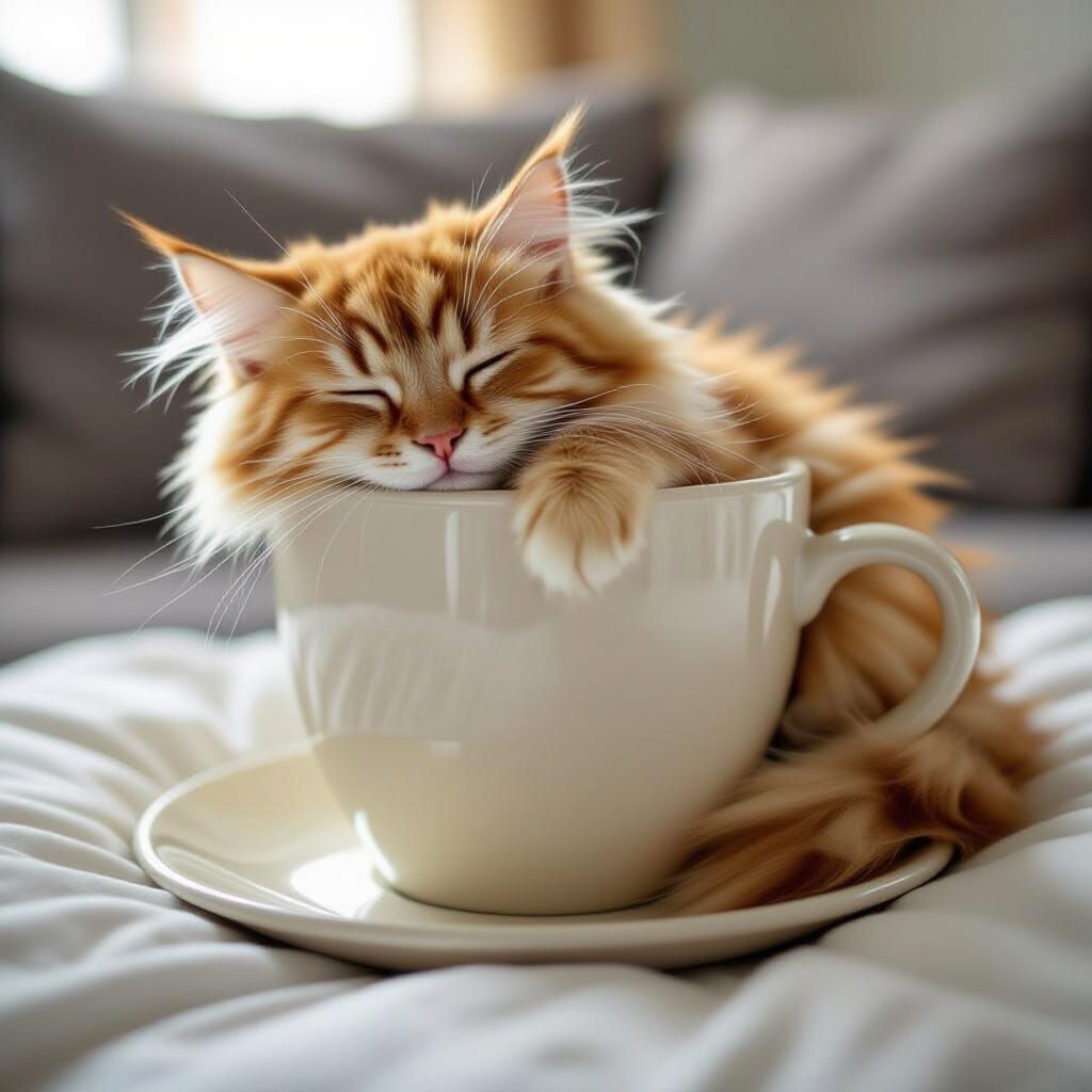 Fluffy Cat Sleeping in Coffee Cup
