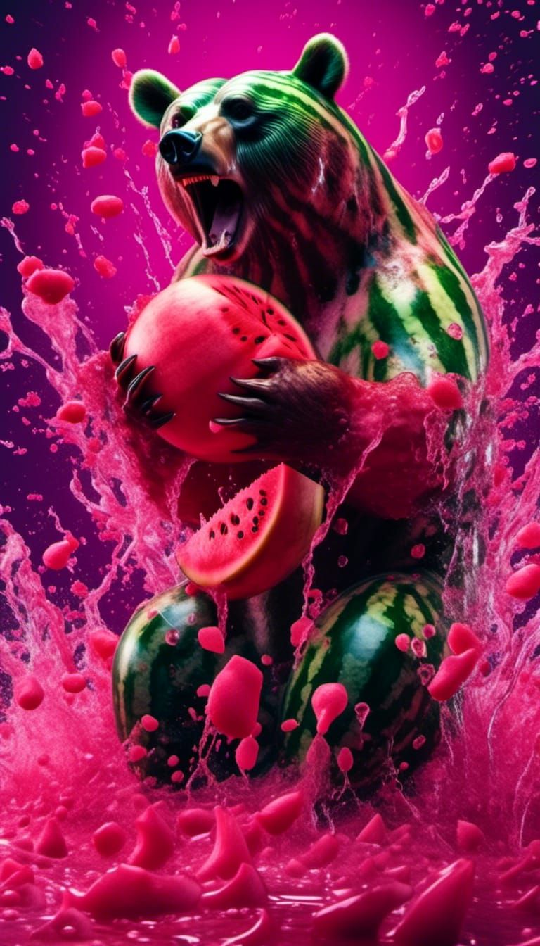 Demented Watermelon Bear Portrait in Hyperrealistic Style