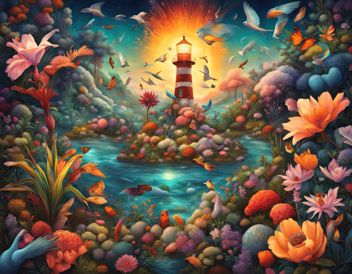 Surreal Lighthouse Scene as a Bosch Painting