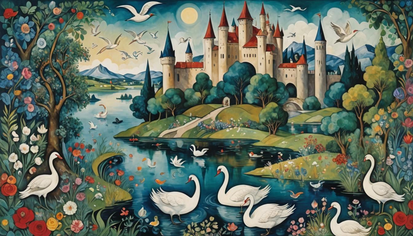 Fantastical Bird Collage in Chagall Style