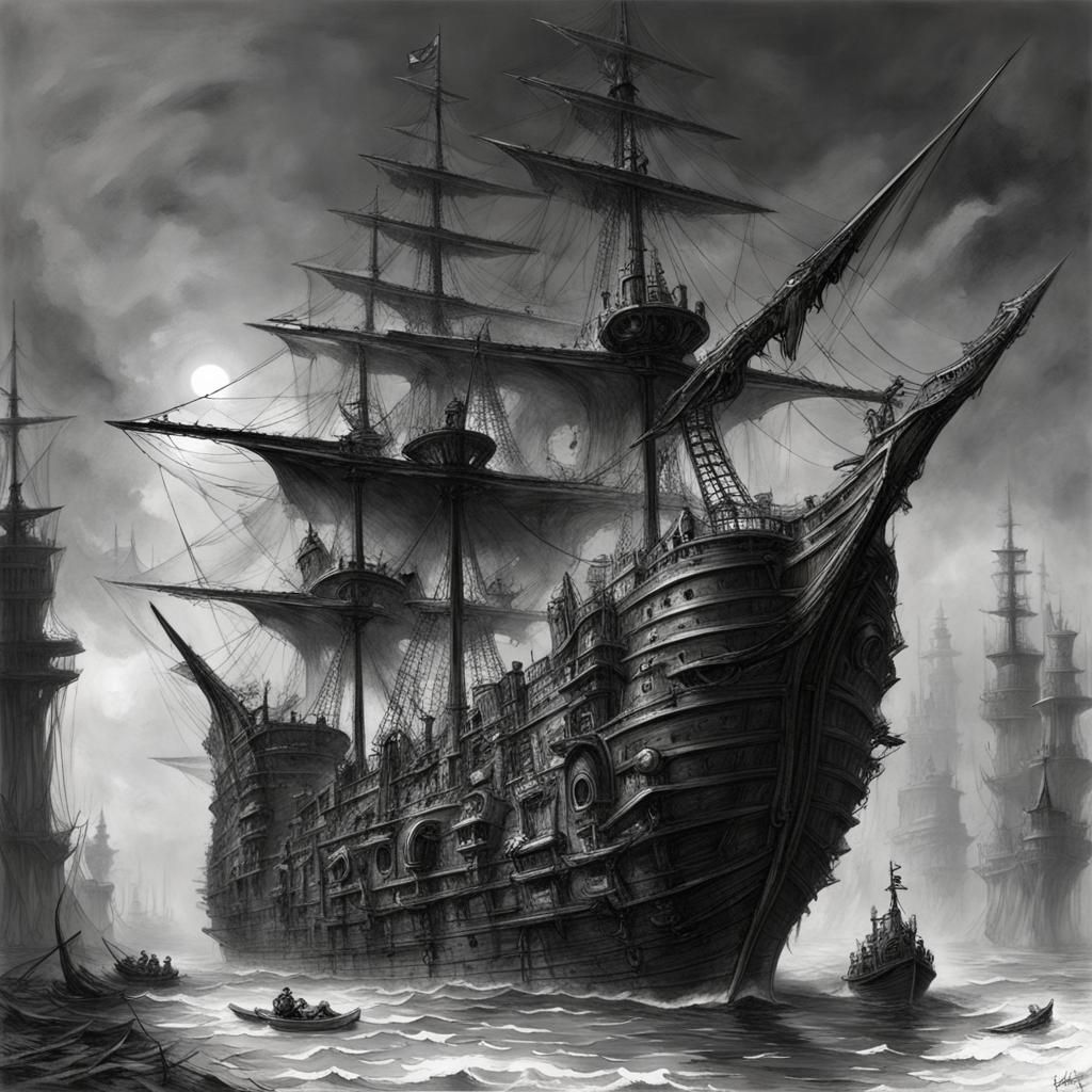 Flying Pirate Ship in a Biomechanical Horror Environment