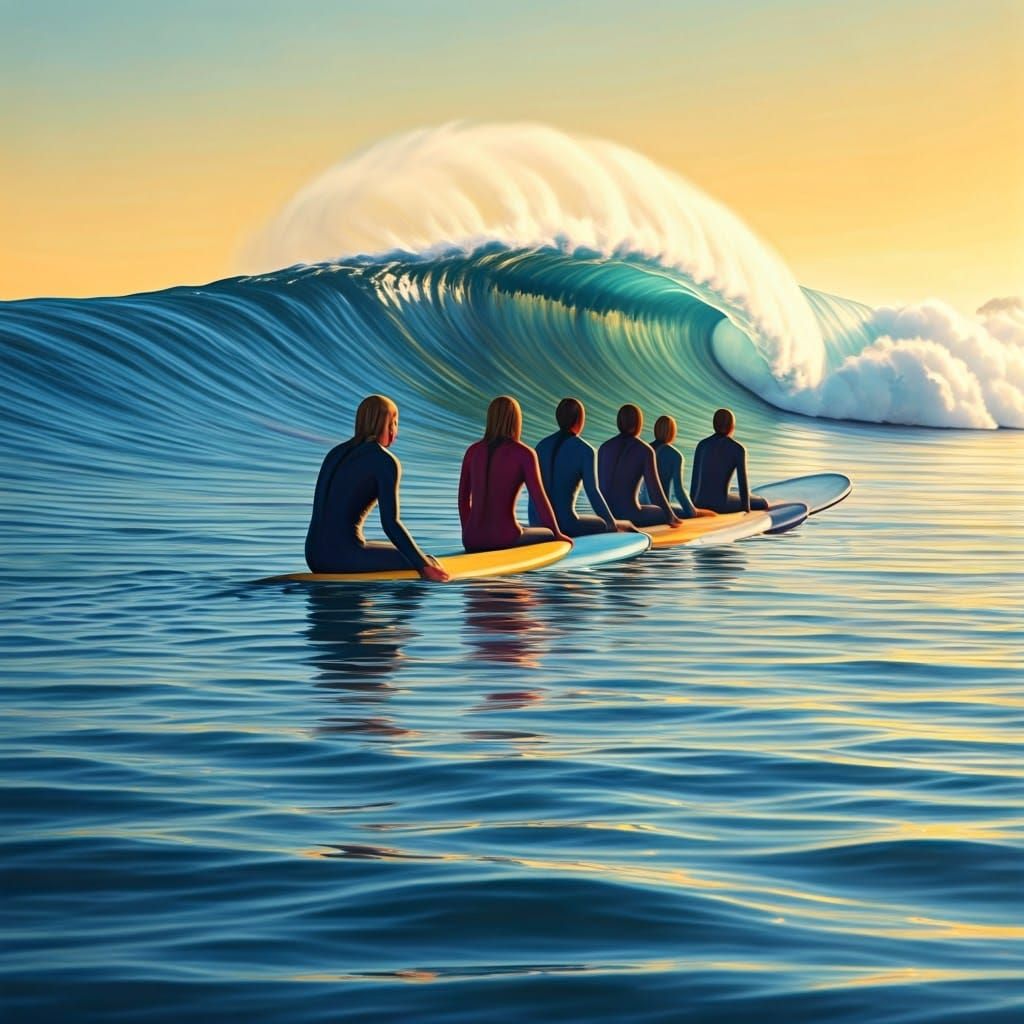 Sunrise Surfers Ride the Wave