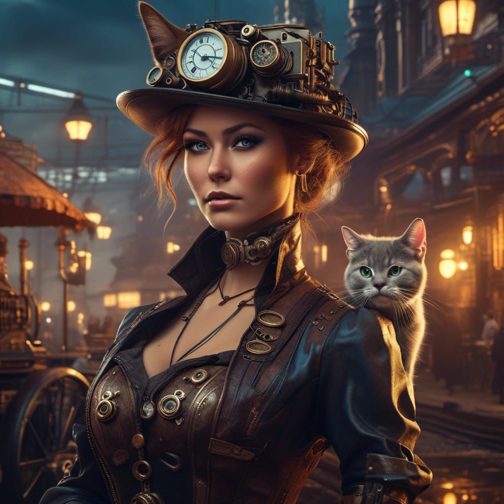 Steampunk Mystic Woman and Cat Portrait