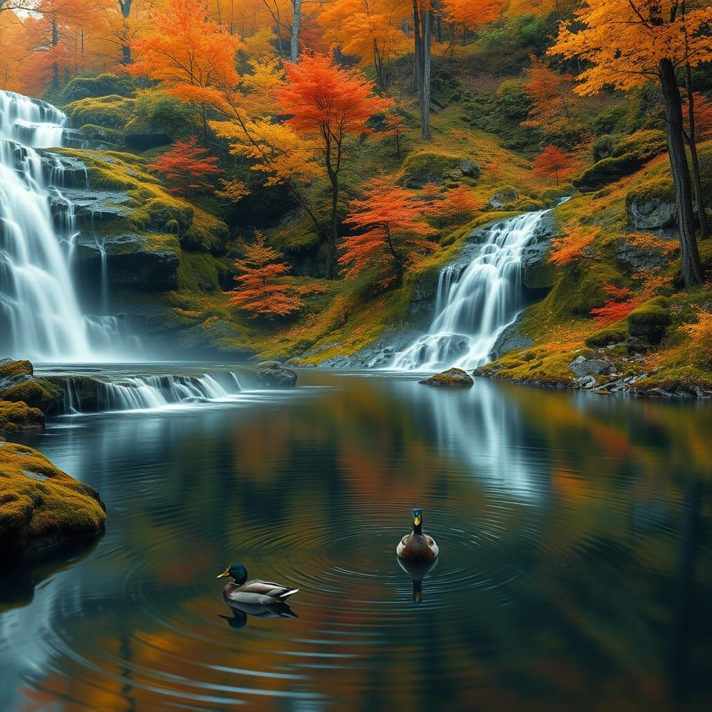 Surreal Waterfall Scene in Autumnal Forest with Hyper-Realis...
