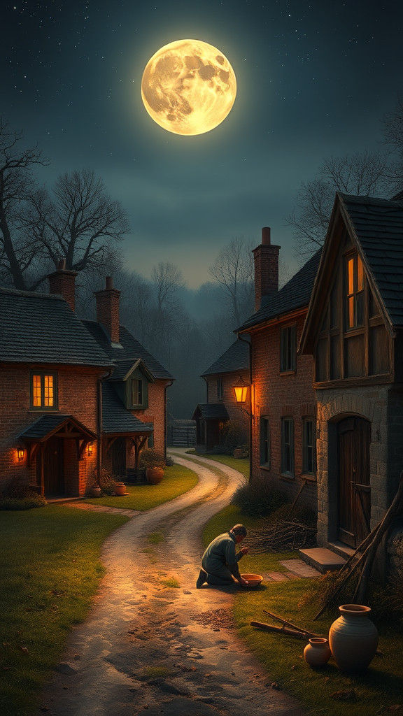 Moonlit Village at Dusk in Impressionist Style