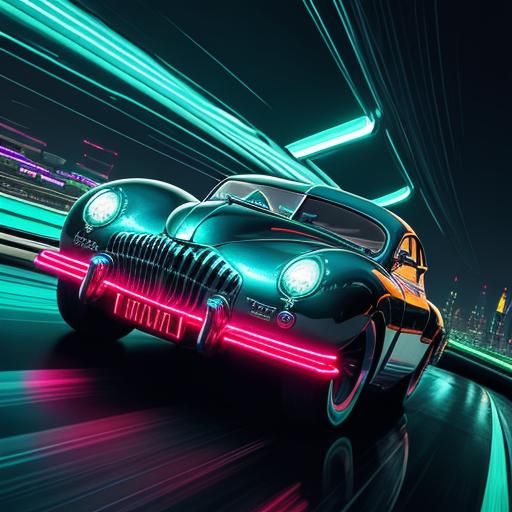 1940s Supercar in Retro Futuristic Neon Cityscape
