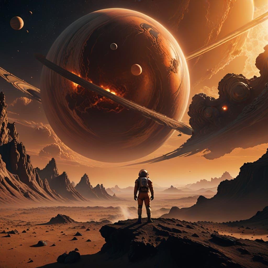 Astronaut on Desolate Planet Gazing at Gas Giant