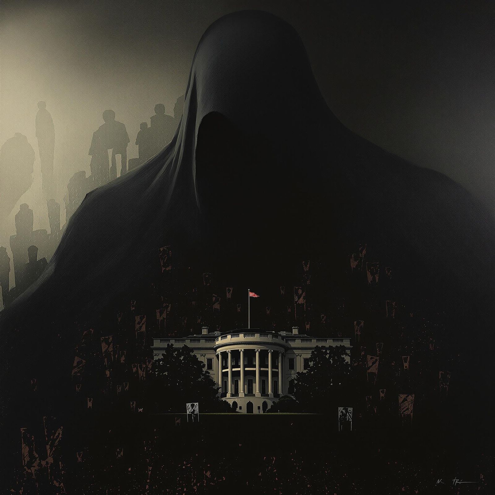 Ominous Figure Threatens Democracy in Dark, Surreal Landscap...