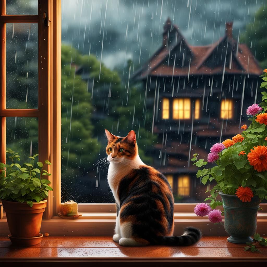 Calico Cat Gazing at Rainy Garden
