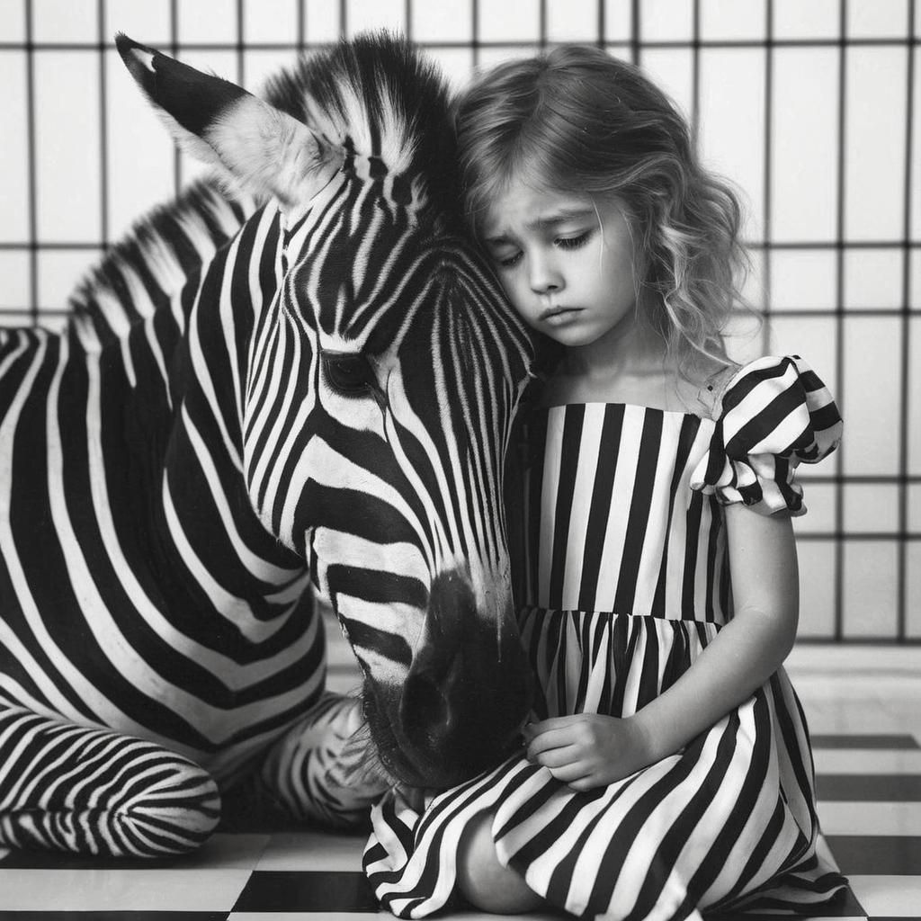 Sad Girl with Zebra in Monochrome Room