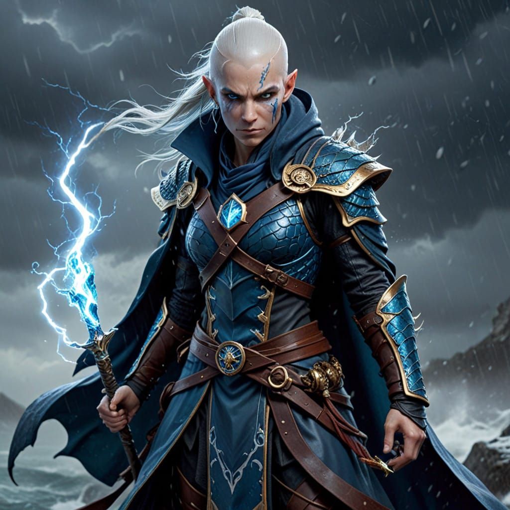 Androgynous Sea Serpent Druid Wields Staff in Sapphire Scale...