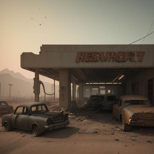 Retro-Futuristic Gas Station Ruins in Mojave Desert