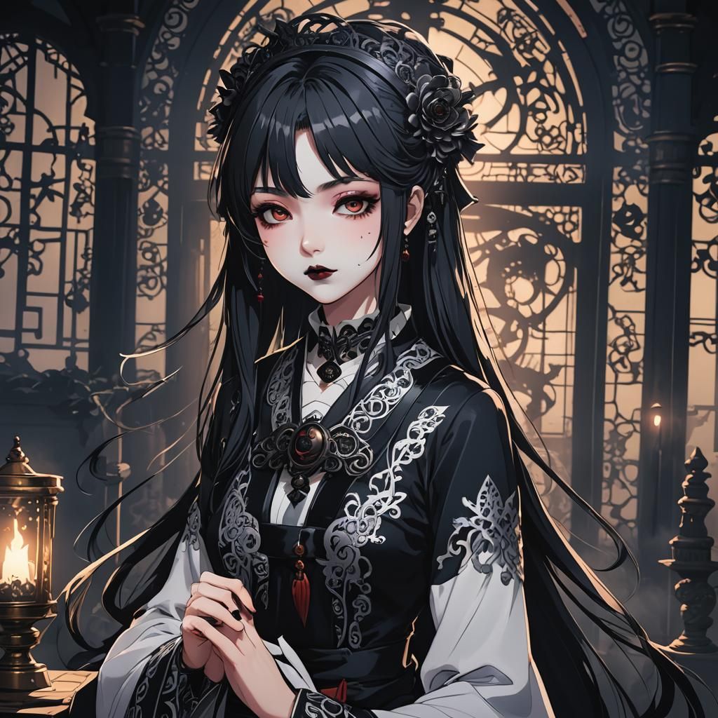 Gothic Shrine Maiden in Anime Manga Style