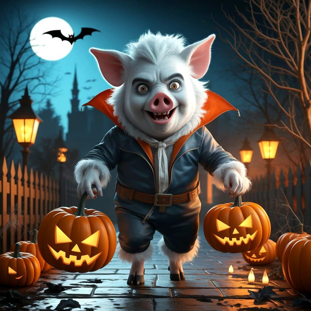 Werepig Trick-or-Treater in Realistic Halloween Scene
