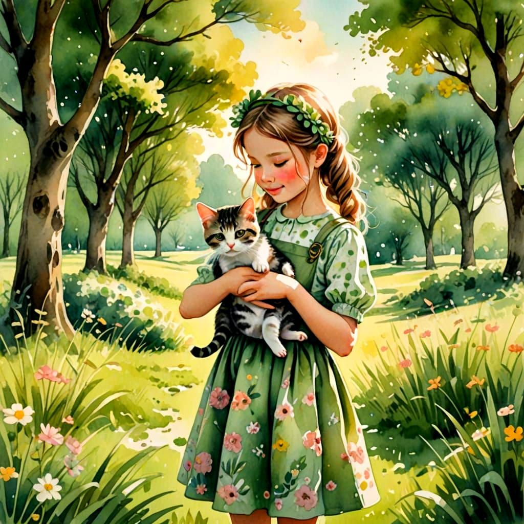 Retro Country Girl with Kitten