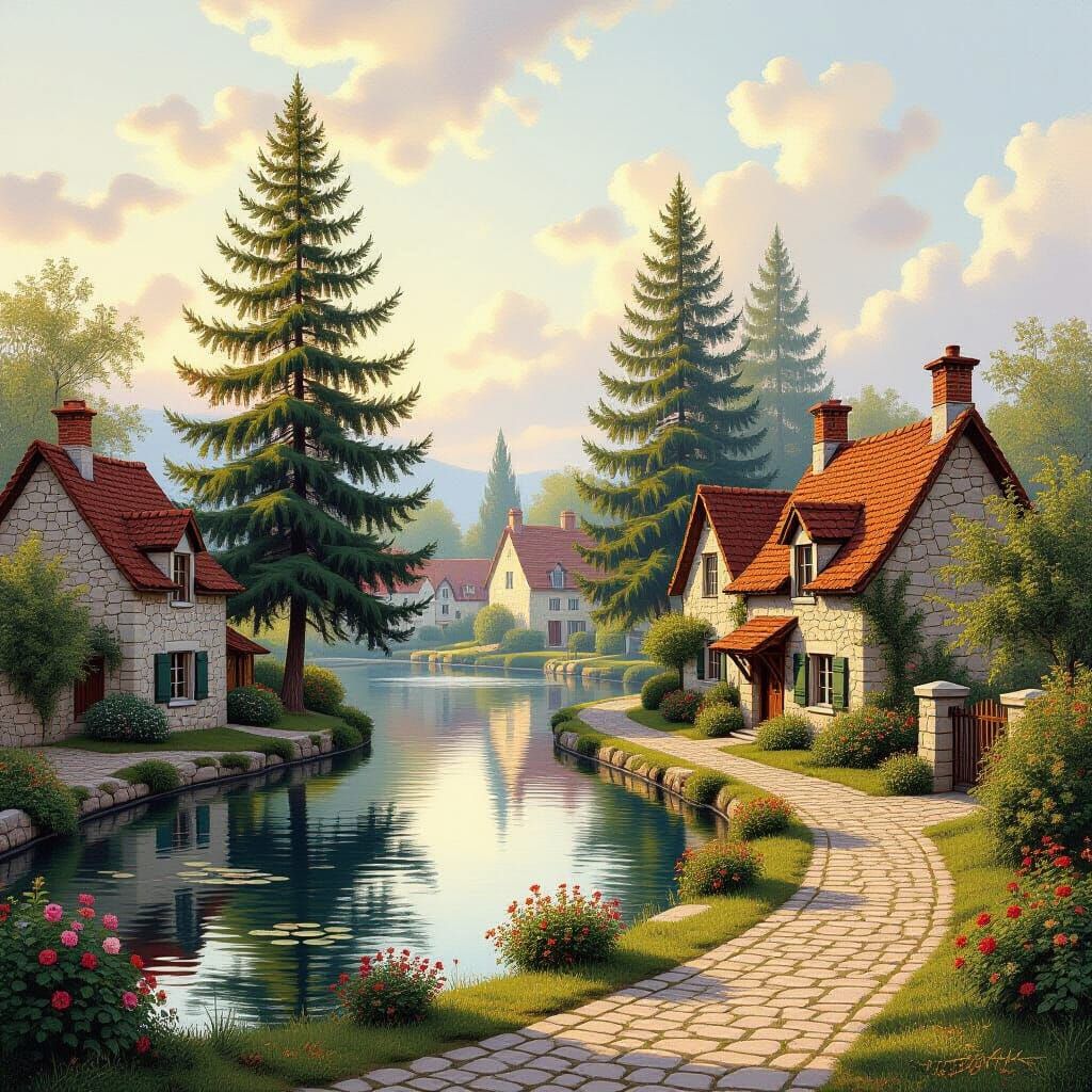 Charming Village and Pine Trees in Painterly Style