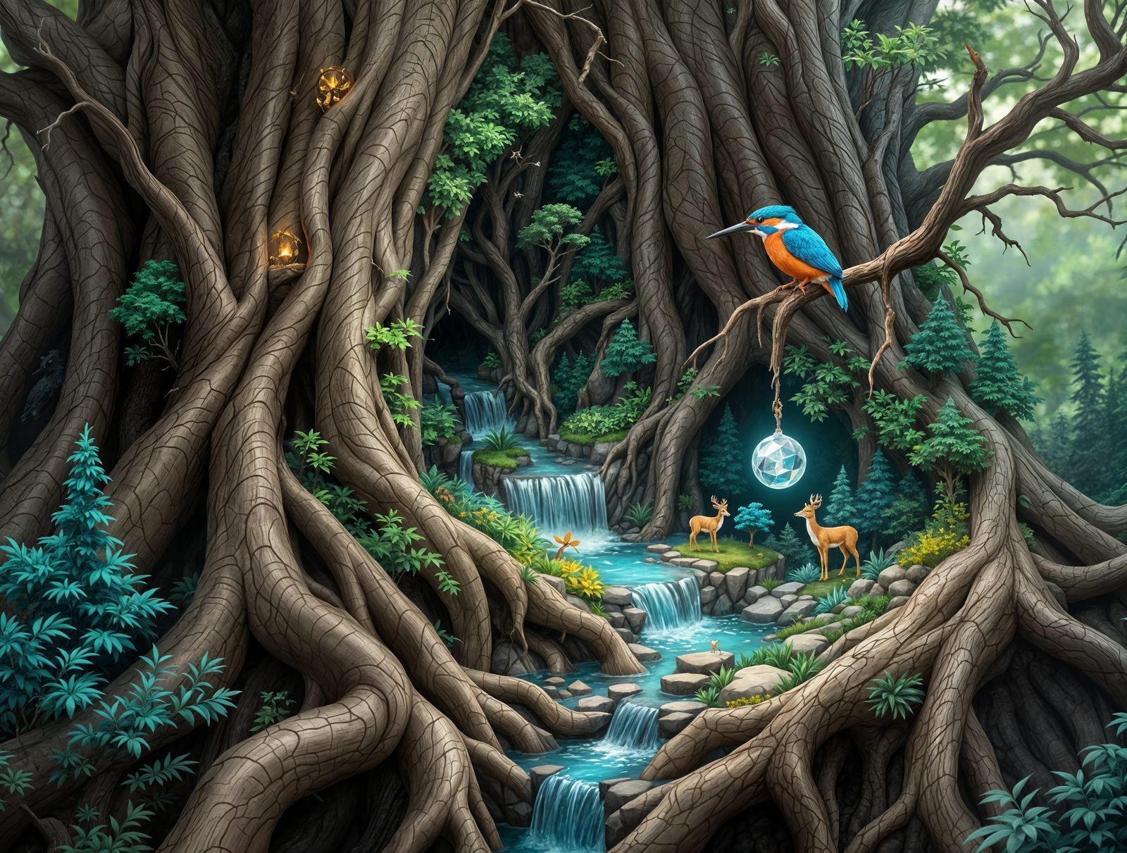 Hyperrealistic Kingfisher Amidst Ancient Roots