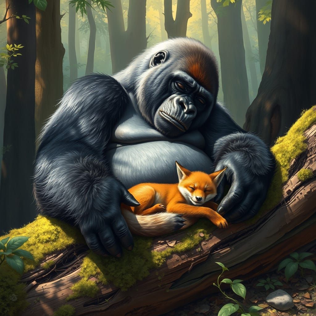 Gorilla Naps with Fox in Sunlit Forest