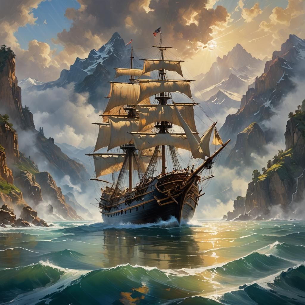 Pirate Ship Seascape in Vibrant Fantasy Style