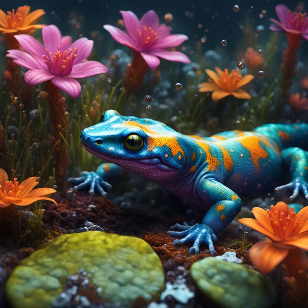Hyperrealistic Salamander in a Colorful Swamp