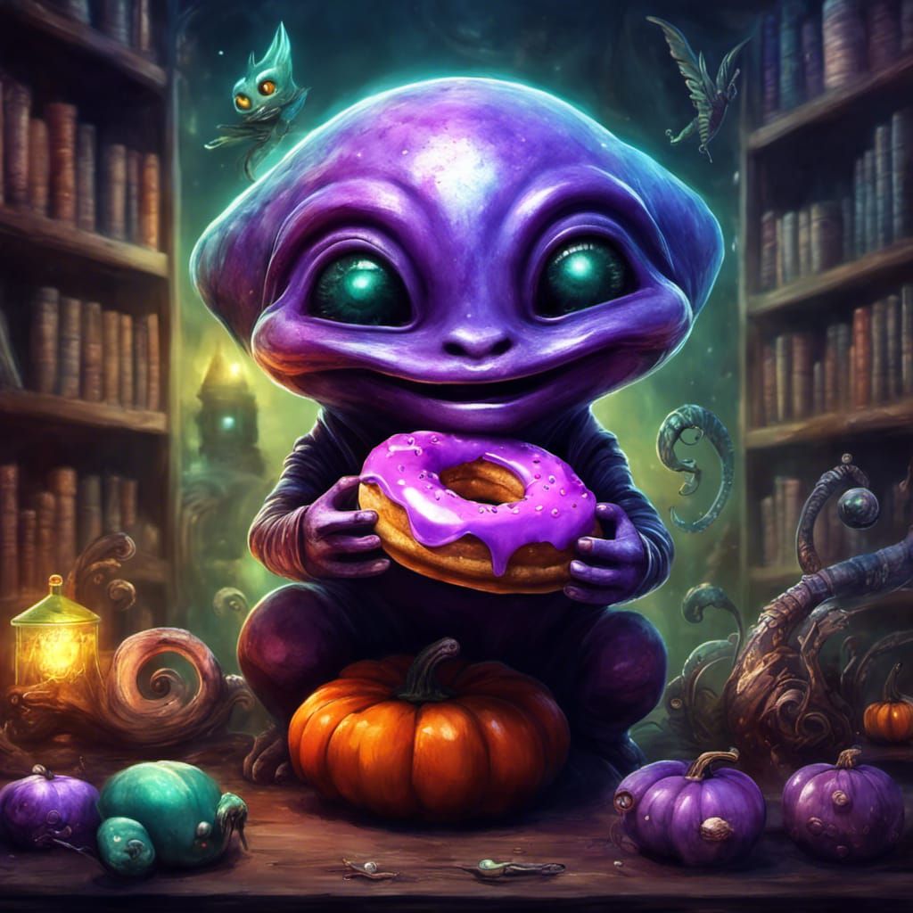 Happy Alien in Moth Library, Digital Art