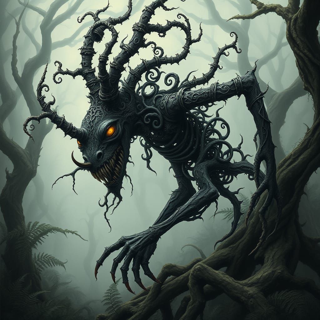 Eerie Filigree Spriggan in Dark English Forest