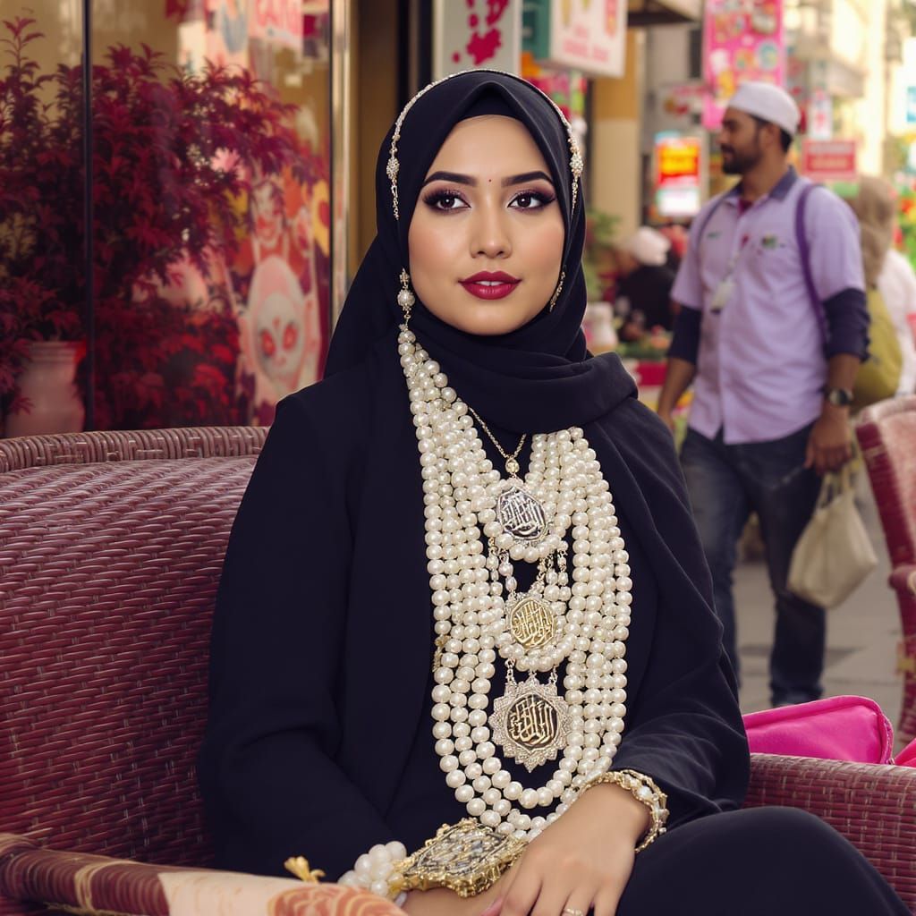 Woman in Hijab with Pearl Jewelry in Public Place
