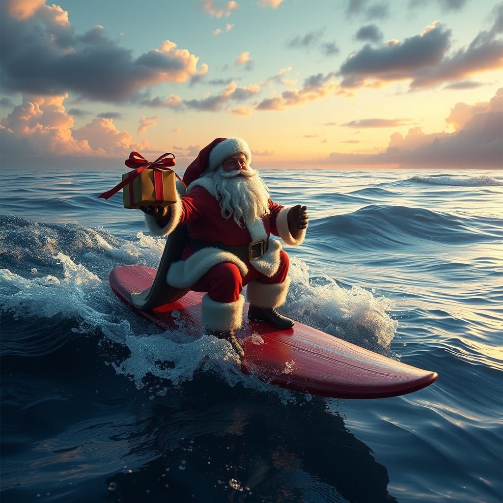 Santa Claus Riding the Waves in a Tropical Paradise