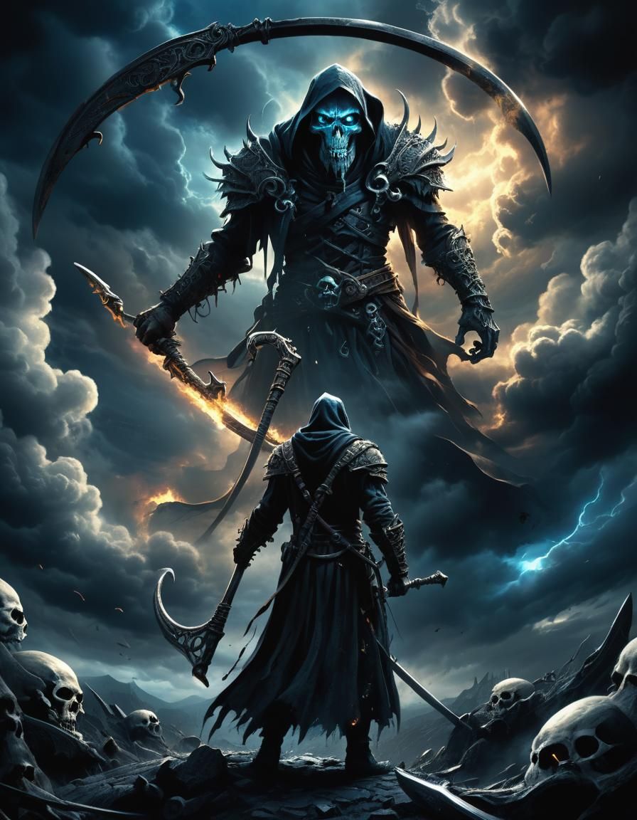Menacing Scythe Wielder in Dark Fantasy Art